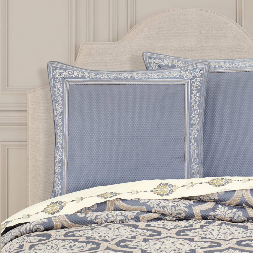 Powder Blue Satin Euro Sham with Damask Border