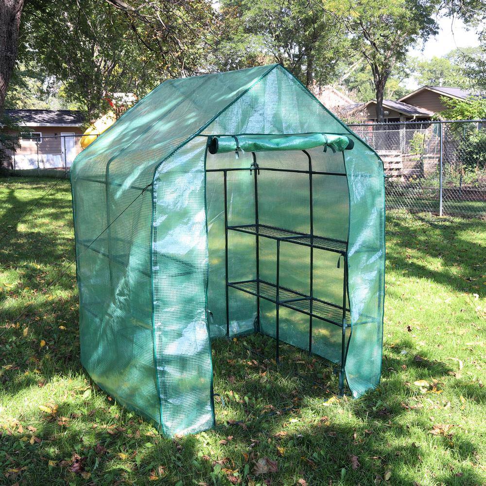 Green 55" x 55" x 77" Portable Walk-In Greenhouse with Shelves