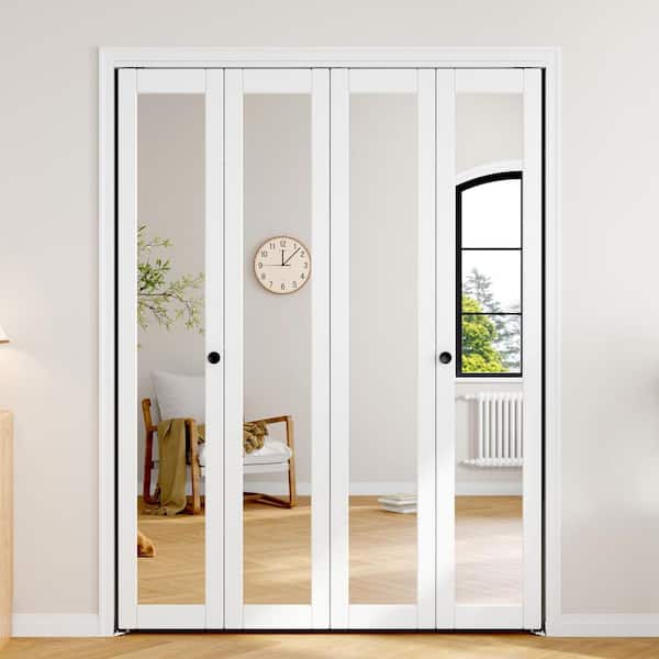64 in. x 80 in. 1-Lite Mirrored Glass White Finished Solid Core Wood Interior Closet Bi-fold Door with Hardware