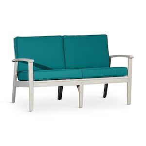 Driftwood Gray Eucalyptus Wood Outdoor Loveseat with Dark Green Cushions