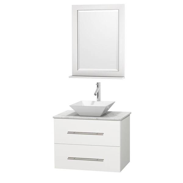 Wyndham Collection Centra 30 in. Vanity in White with Marble Vanity Top in Carrara White, Porcelain Sink and 24 in. Mirror