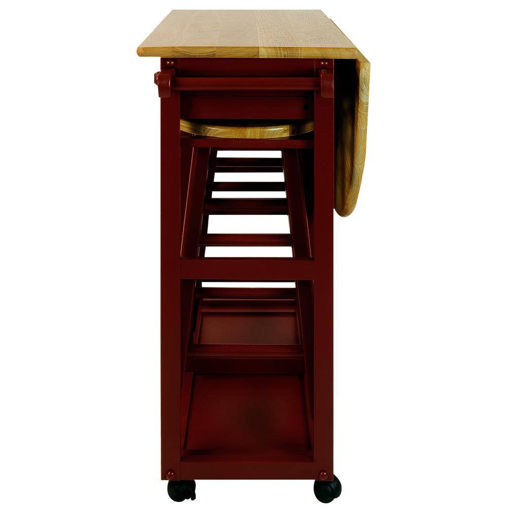 Round Red Butcher Block Kitchen Cart with Drop-Leaf and Storage