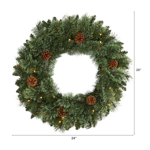 24 in. Pre-Lit Green White-Mountain Pine Artificial Christmas Wreath with 35 LED Lights and Pine Cones