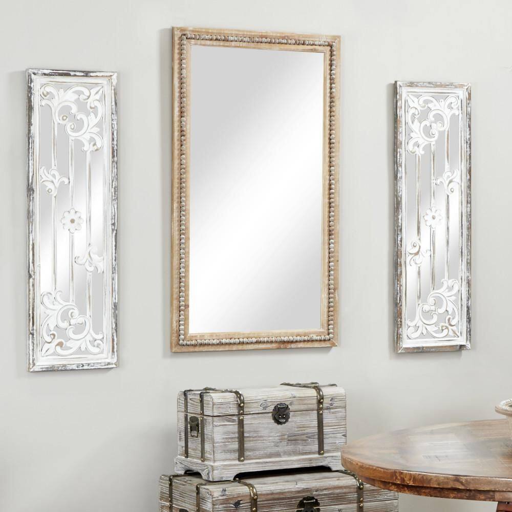 Light Brown Bohemian Wood Rectangular Wall Mirror with Beaded Detail