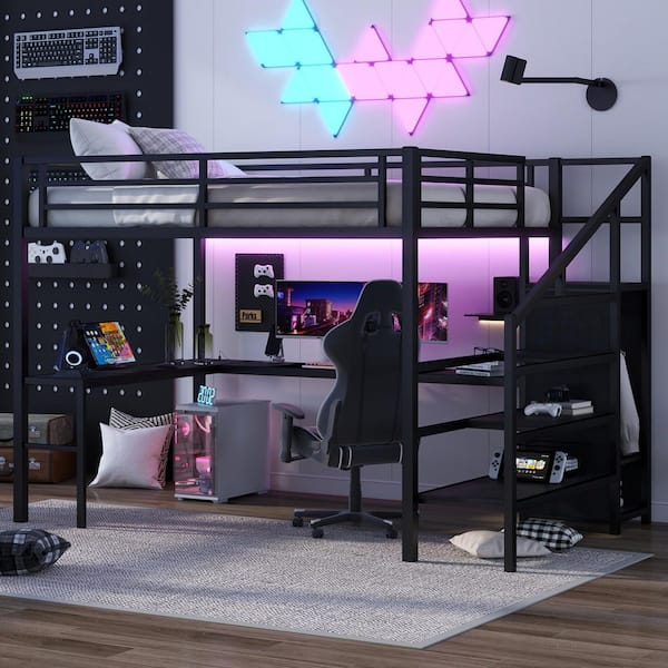 Black Queen Metal Loft Bed with L-Shaped Desk and USB, Wardrobe and Adjustable Shelf, Led for Kids Teens Adults