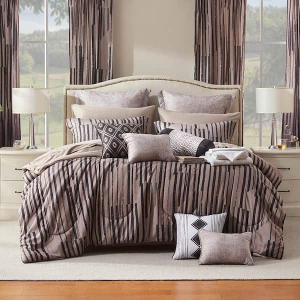 24-Piece Brown Stripe Freya Queen Bed in a Bag Microfiber Comforter Set