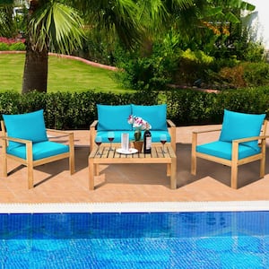 4-Pieces Acacia Wood Patio Conversation Furniture Set with Turquoise Cushions