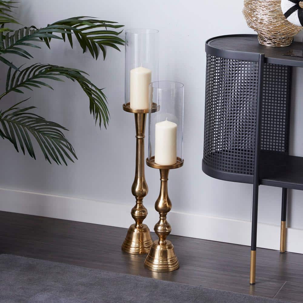 Gold Aluminum and Glass Tall Hurricane Candle Lantern Set