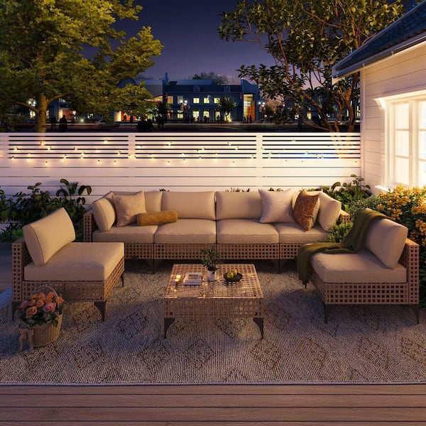 Tenleaf 7-Piece Light Brown Wicker Patio Conversation Set with Brown Cushions