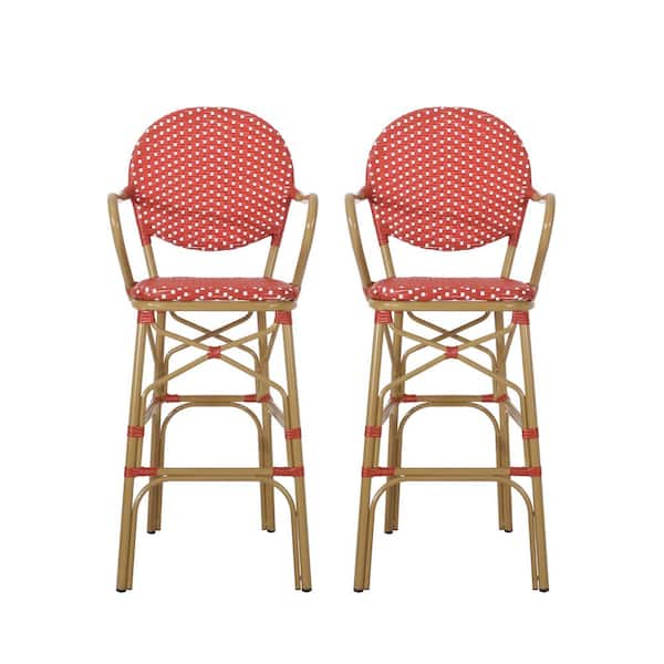 Noble House Ladieu Red and White Aluminum and Wicker Outdoor Patio Bar Stool (2-Pack)