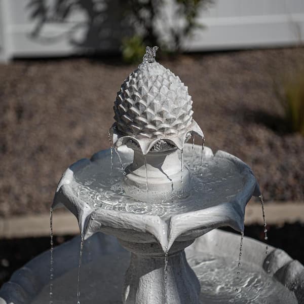 44 in H Fiberglass/Resin 2-Tier Solar Water Fountain w/Solar Panel and Auto-Shut Off Pump, Solar Garden Fountain, White