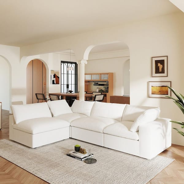 Magic Home Minimalist 157 in. Square Arm Down Filled Linen 4-Seater Cloud Modular Tuxedo Sofa Couch in White with Removable Covers