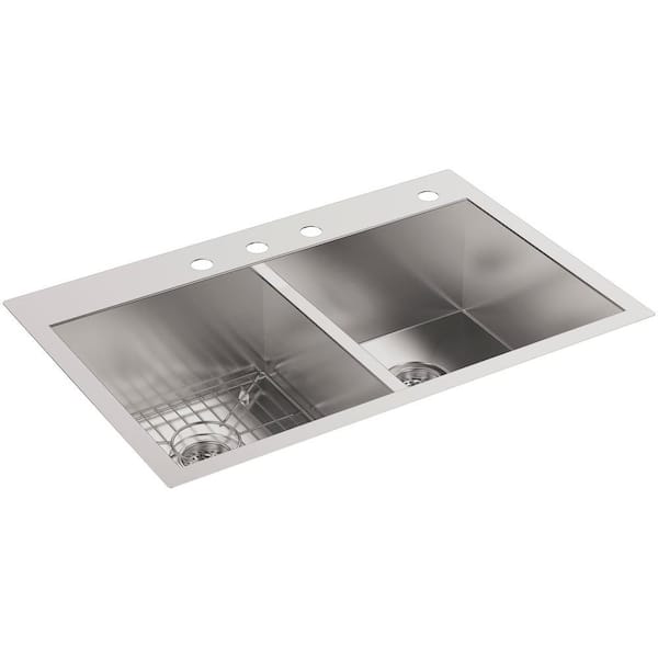 KOHLER Vault Dual Mount Stainless Steel 33 in. 4-Hole Double Bowl Kitchen Sink with Basin Rack