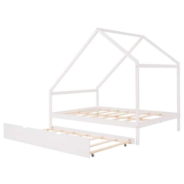 Unbranded White Full Size Wooden House Bed with Twin Size Trundle