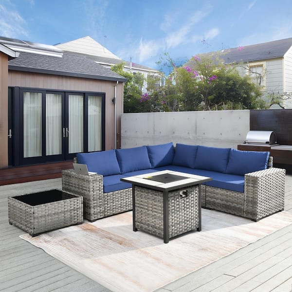 XIZZI Moonriver 7-Piece Wicker Outdoor Patio Fire Pit Conversation Sectional Sofa Set with Navy Blue Cushions