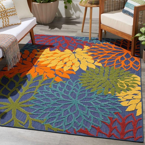 Aloha Navy Multicolor 5 ft. x 8 ft. Floral Contemporary Area Rug