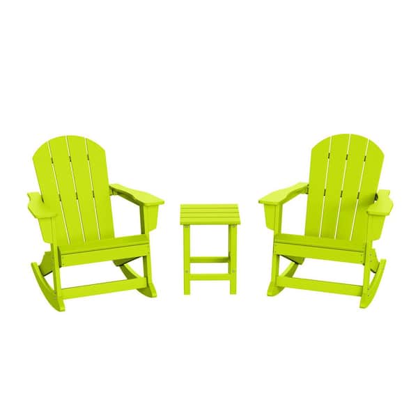 Laguna 3-Piece Fade Resistant Outdoor Patio HDPE Poly Plastic Adirondack Rocking Chairs and Side Table Set, Lime