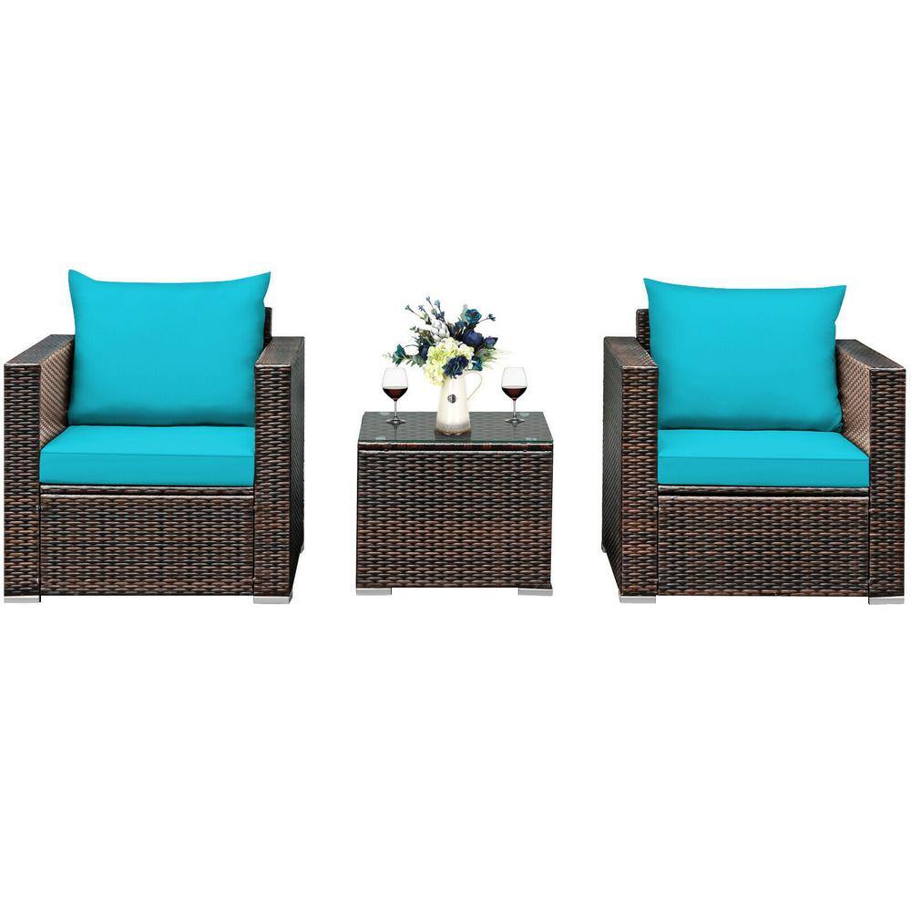3-Piece Wicker Patio Conversation Set with Turquoise Cushions and Tempered Glass-Top Table price history on PriceWatchPro