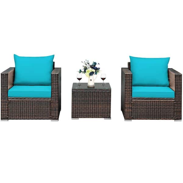 FORCLOVER 3-Piece Wicker Patio Conversation Set with Turquoise Cushions and Tempered Glass-Top Table
