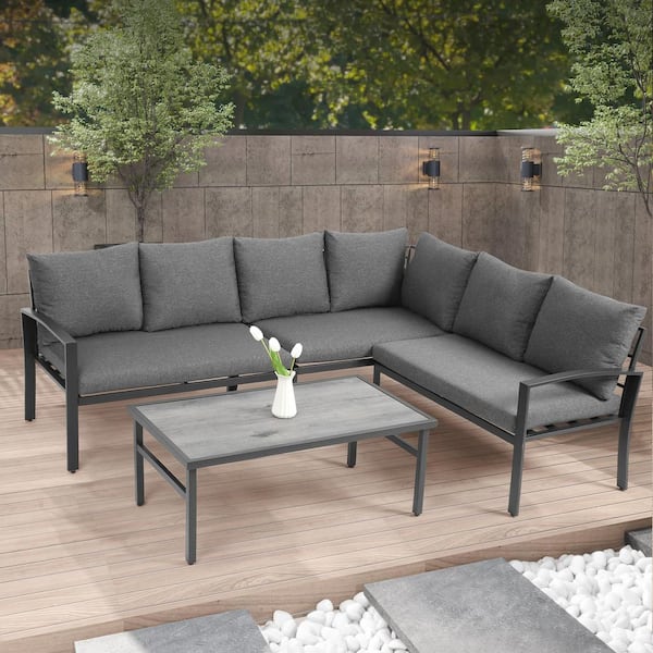 Unbranded 4-Piece Dark Grey Wicker Patio Outdoor Conversation Set with Water-Resistant Dark Grey Thick Cushions and Coffee Table