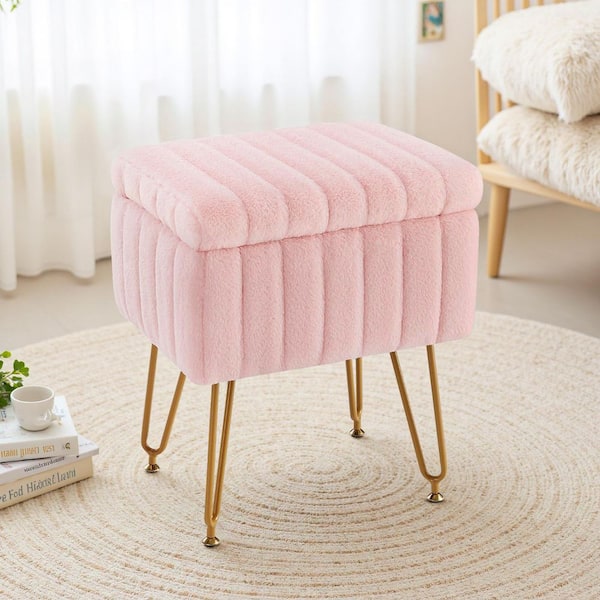 WONDER COMFORT Pink Faux Fur Soft Padded Rectangular Accent Small Ottoman Vanity Stool Chair with Storage and 4 Metal Legs