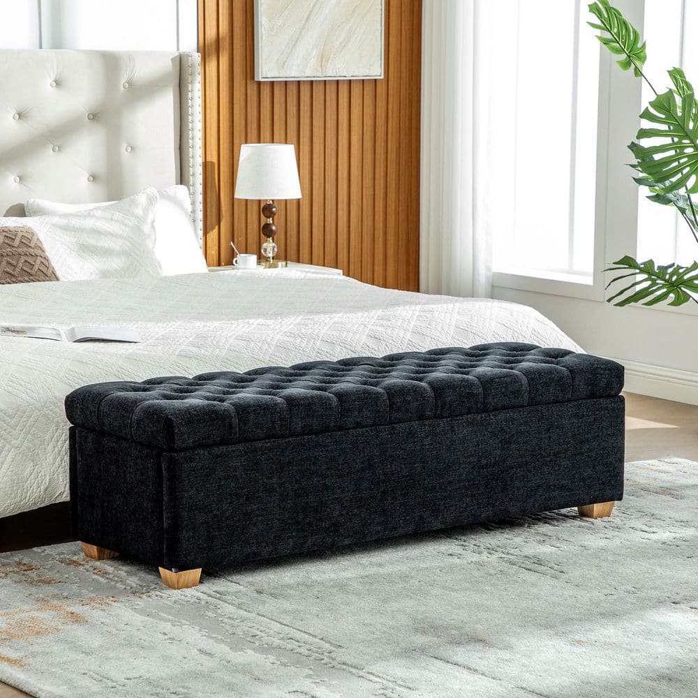 Jane Tufted Black Chenille Upholstered Accent Ottoman Storage Bench with Flip-Top Lid