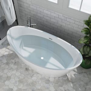 59 in. Acrylic Flatbottom Hourglass Freestanding Soaking Bathtub in White with Brushed Nickel Overflow and Drain