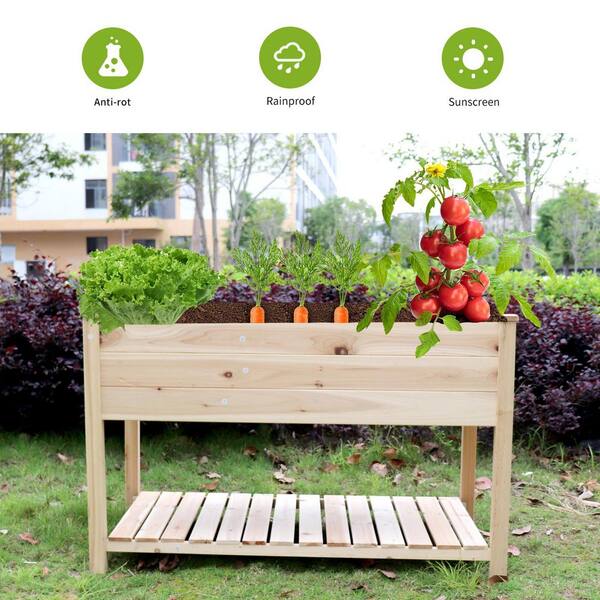Natural Wood Rectangular Raised Garden Bed, Planter Box with