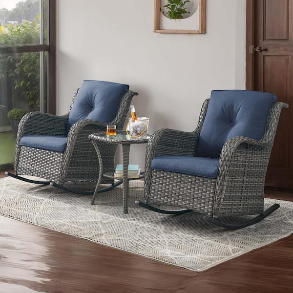 Outdoor Gray Wicker Outdoor Rocking Chair with CushionGuard Blue Cushions Patio (Set 2-Pack)