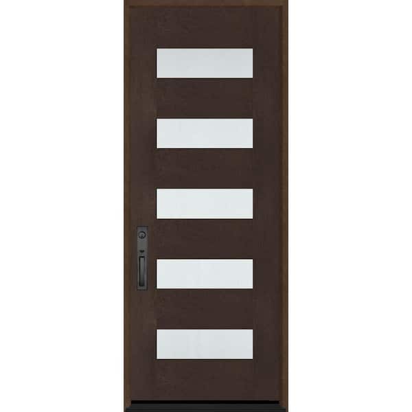 Regency 36 in. x 80 in. 5L Modern Frosted Glass RHIS Hickory Stain Fiberglass Prehung Front Door w/ 8011 Black Lockset