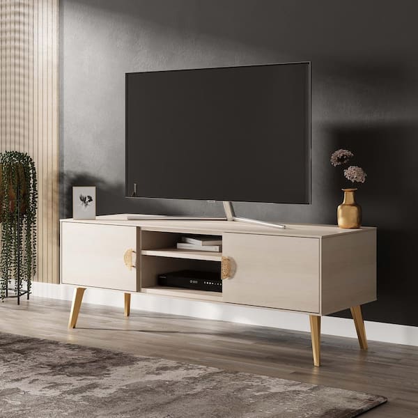 Manhattan Comfort Haley 55.11 in. White Mid-Century Modern TV Stand Fits TV's up to 46 in. with Storage and Cable Management