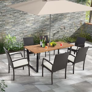 7-Piece Wicker Rectangle Outdoor Dining Set Acacia Wood Table 6 Wicker Chairs with Umbrella Hole and White Cushions