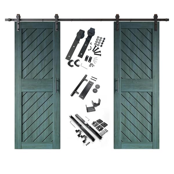 HOMACER XT1 26 in. x 84 in. C-Panel Royal Pine Slanted Stripe Design Double Pine Wood Sliding Barn Door with Hardware Kit