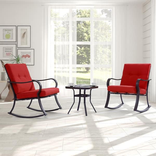 3-Piece Metal Frame Outdoor Bistro Set 2 Rocking Chairs with Red Cushions and Tempered Glass Side Table