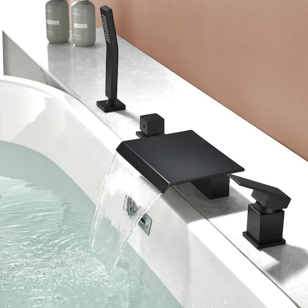 2-Handle Deck-Mount Waterfall Roman Tub Faucet with Hand Shower in Matte Black