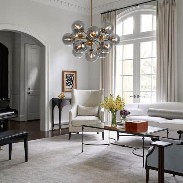 Carla 13-Light 23.6 in. W Brushed Gold Modern Chandelier with Bubble Cluster Mirrored Smoky Glass for Living Rooms
