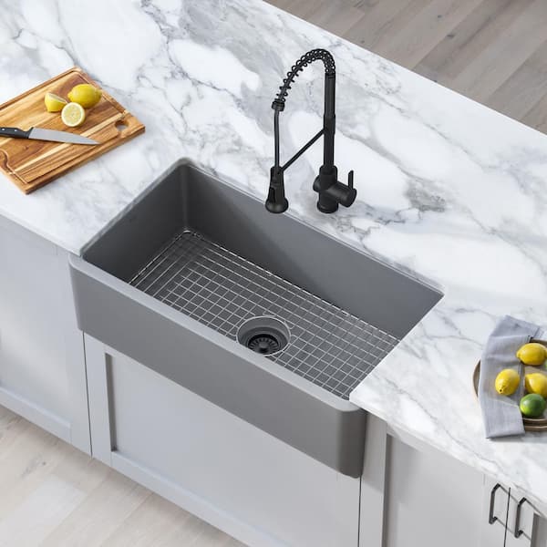 KRAUS Matte Grey 33 Fireclay Workstation Kitchen Sink — DirectSinks