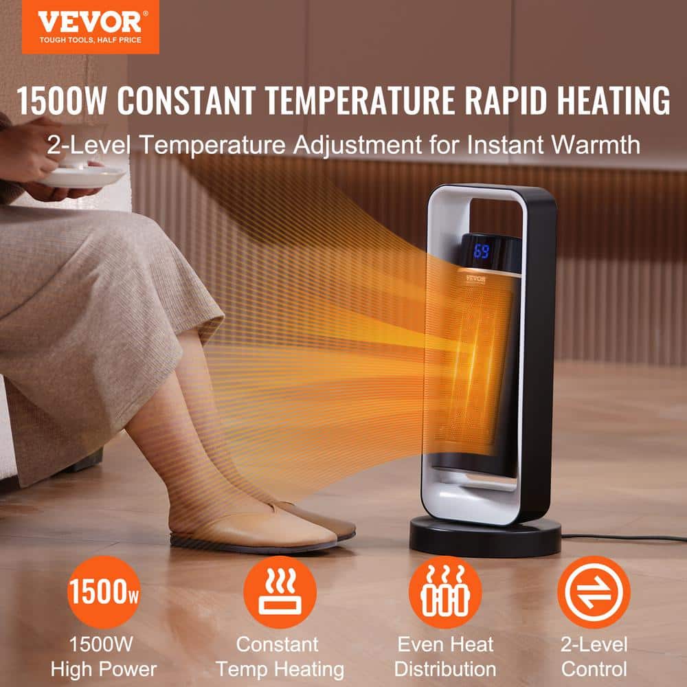 20-inch Black and Silver Ceramic Electric Heater with Thermostat