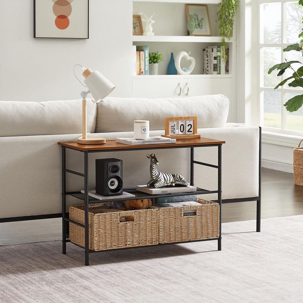 VECELO 32.4" Industrial 3-Tier Console Table with 2 Straw Storage Baskets, Sofa Table with Mesh Shelf for Living Room, Stable Metal Frame for Living Room, Brown