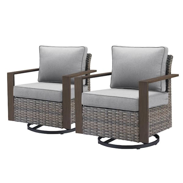 Rectangular Framed Armrest Swivel Gray Wicker Outdoor Rocking Chair with CushionGuard Gray Cushions Patio (Set 2-Pack)