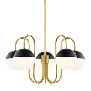 Renee 5-Light Aged Brass/Black Chandelier with Opal Glossy Shade