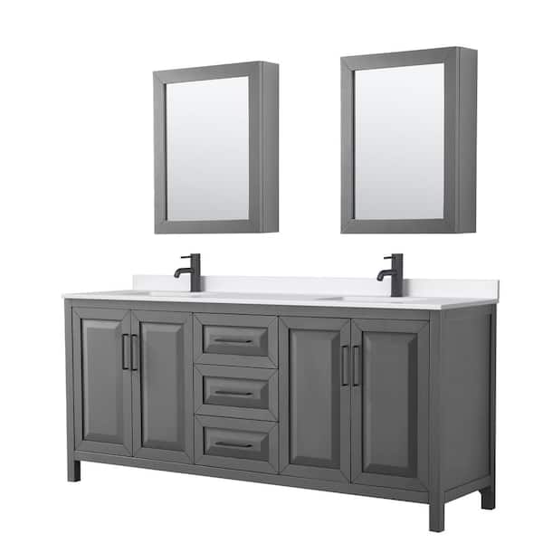 Wyndham Collection Daria 80 in. W x 22 in. D x 35.75 in. H Double Bath Vanity in Dark Gray with White Quartz Top and Mirrors