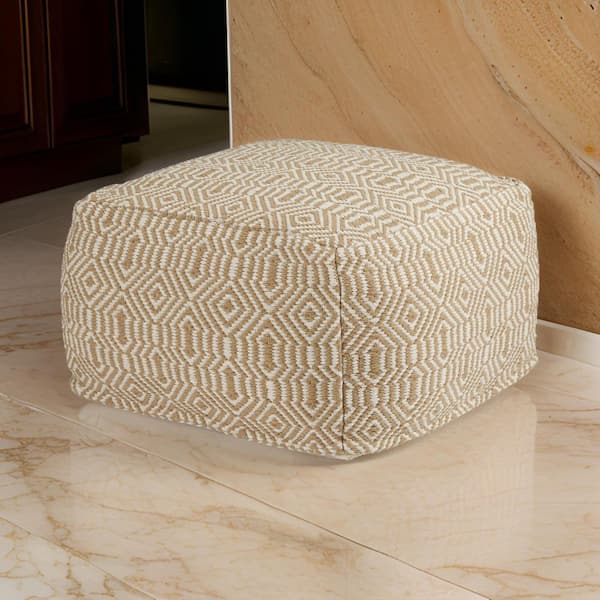 Benjara Beige and White Cotton Square Accent Ottoman Medium