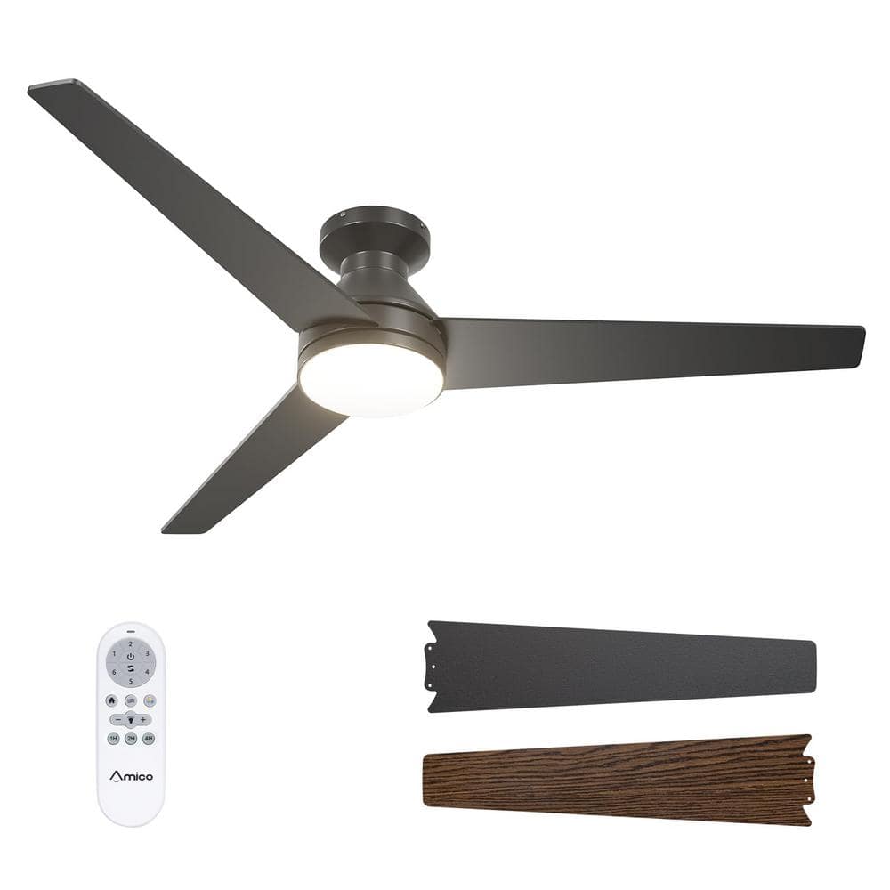 52 in. Smart Indoor Black Low Profile Flush Mount, Reversible Ceiling Fan w