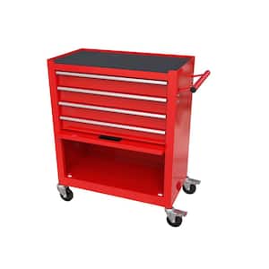 4-Tier Steel 4-Wheeled Cart in Red with Tool