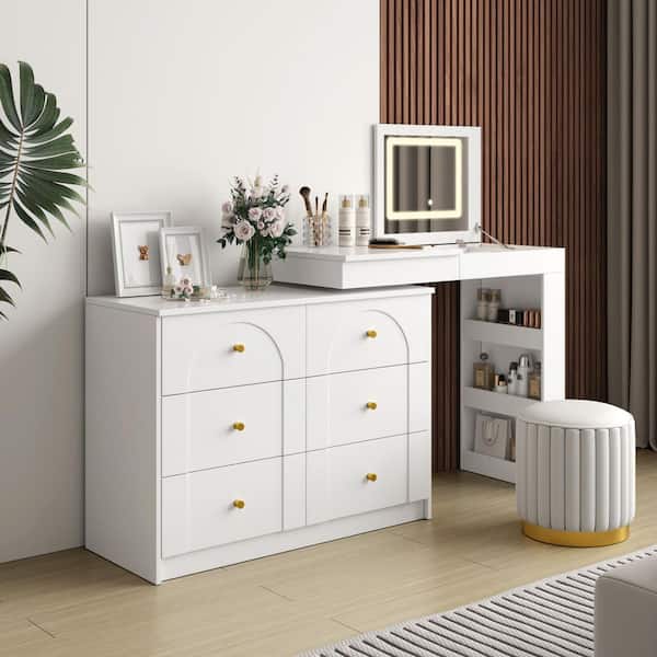 White 48 in. W Makeup Vanity with Flip-Top Tabletop and Storage 7 Drawers, Dresser with Mirror and Lights