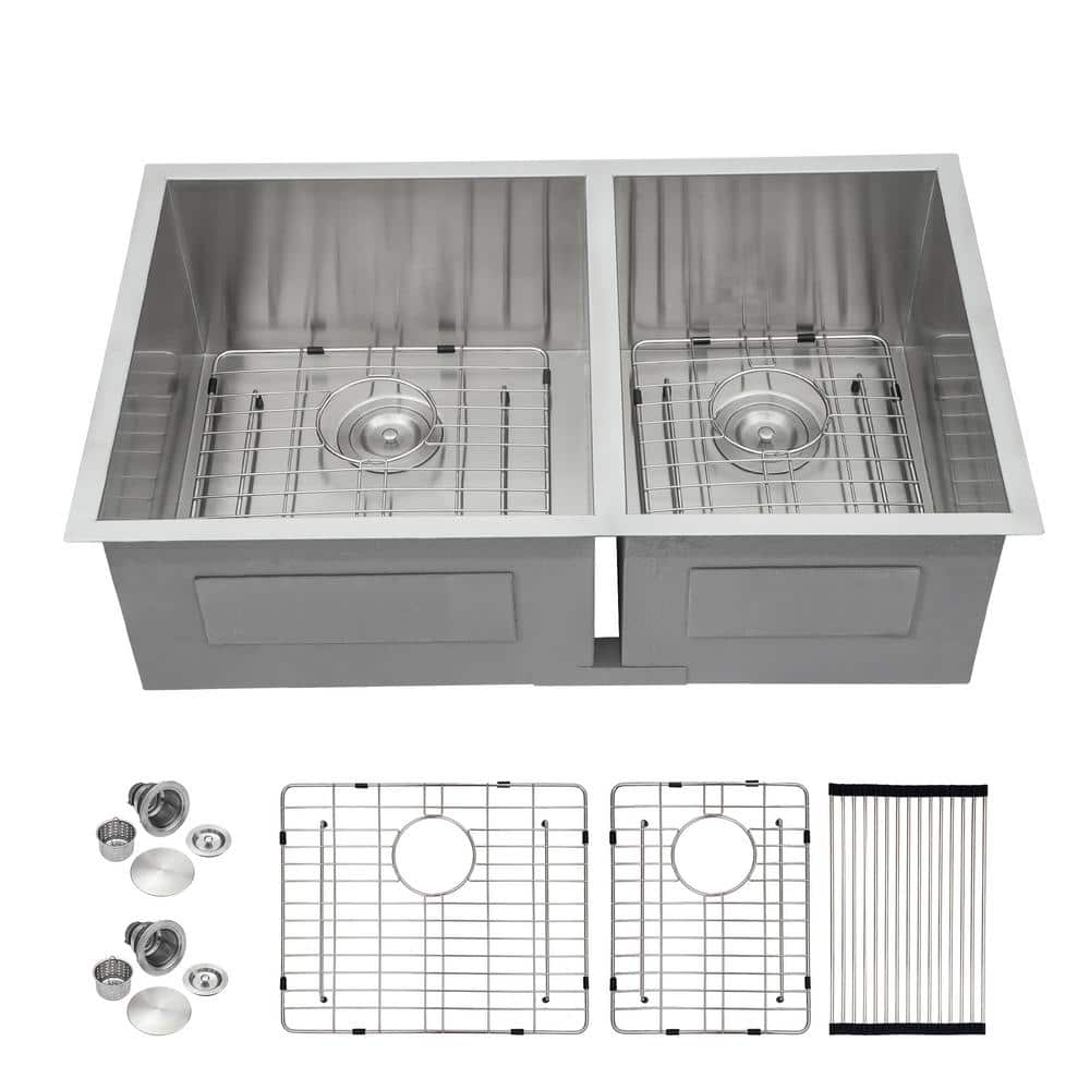 18-Gauge Stainless Steel 33 in. Double Bowl Undermount Kitchen Sink with Bottom Grid -  Logmey, MU33199A2-64