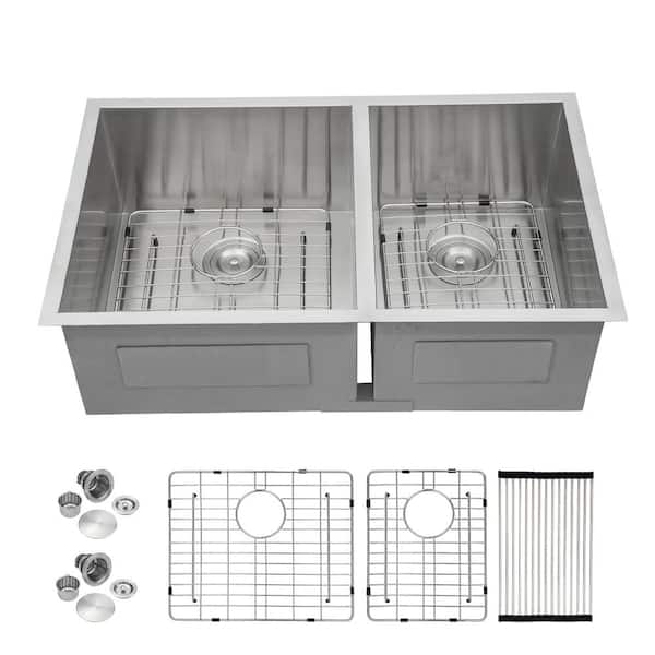 Logmey 18-Gauge Stainless Steel 33 in. Double Bowl Undermount Kitchen Sink with Bottom Grid