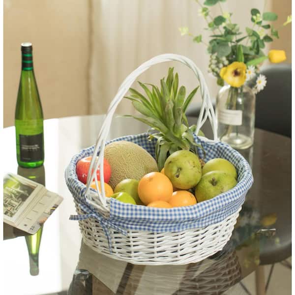 Vintiquewise White Round Willow Gift Basket with Blue Gingham Liner and Handle Large