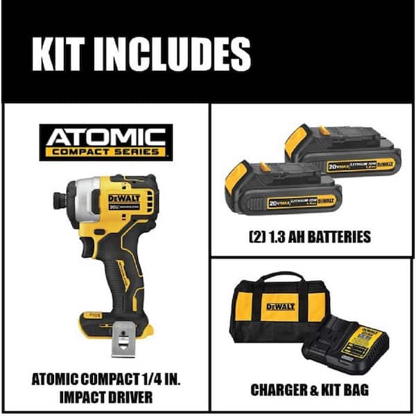 ATOMIC 20-Volt MAX Cordless Brushless Compact 1/4 in. Impact Driver, (2)  20-Volt 1.3Ah Batteries, Charger & Bag